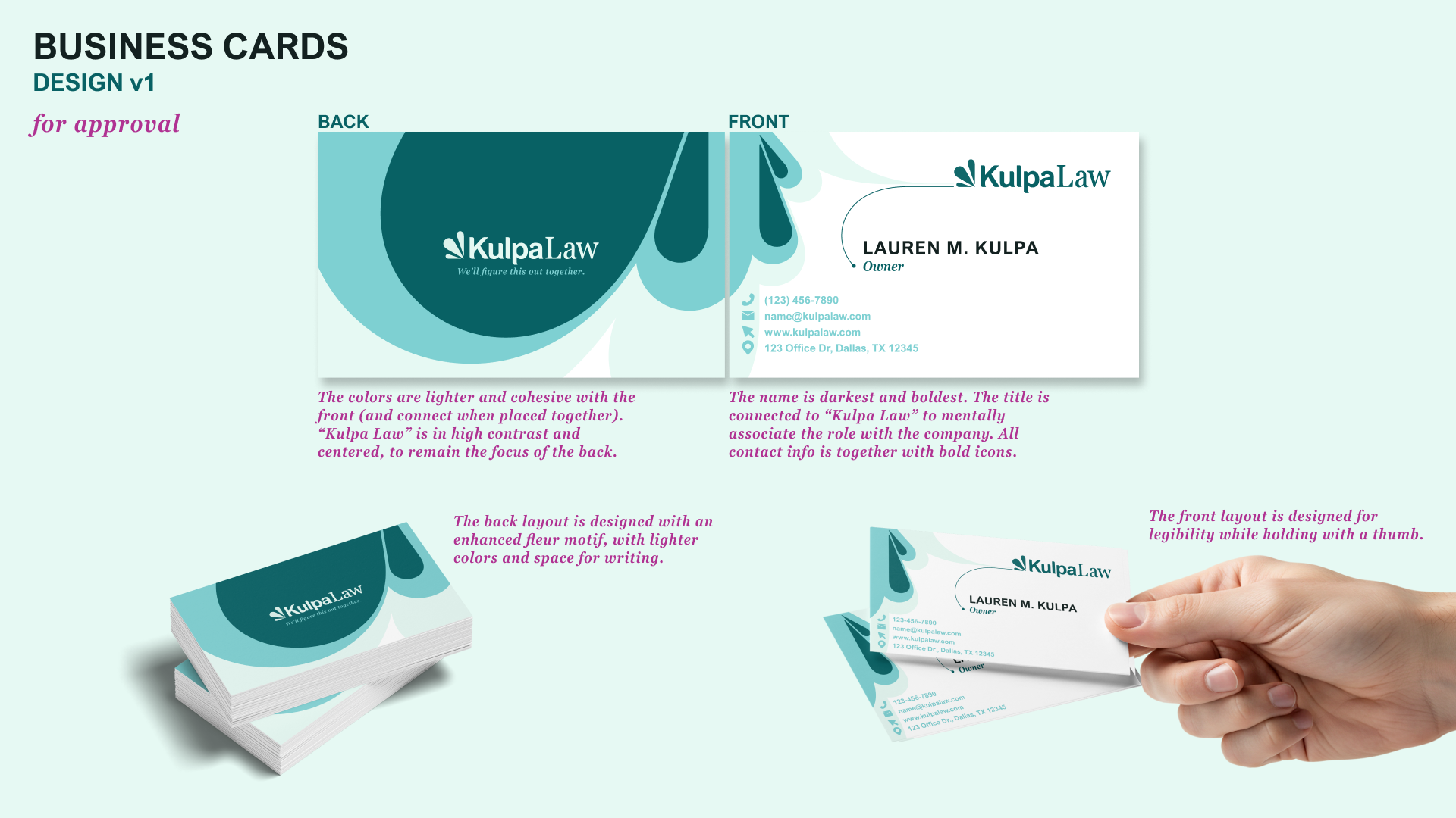 Kulpa Law Business Card design and mockup for client approval showing seamless design from front to back and consideration for thumb placement when holding cards