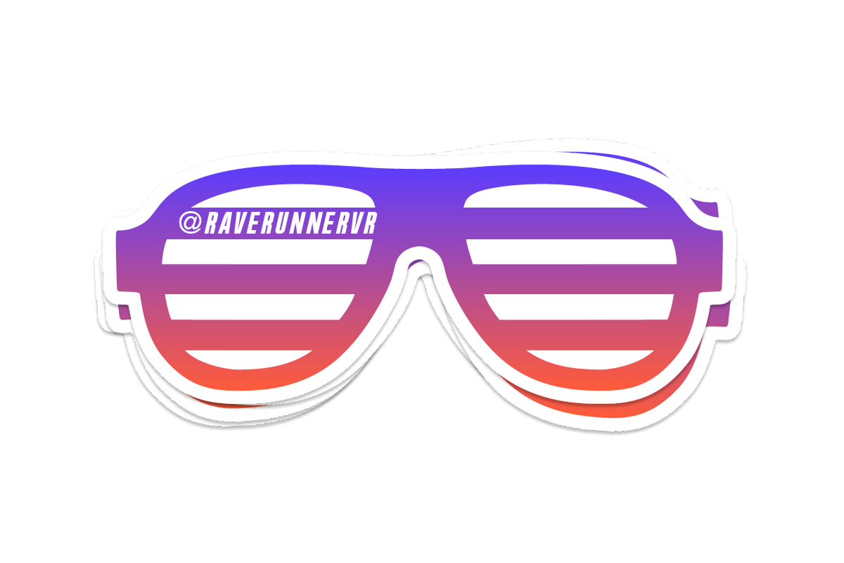 Sticker design for RaveRunner using signature Rave glasses and socials handle, to give out at booths to playtesters