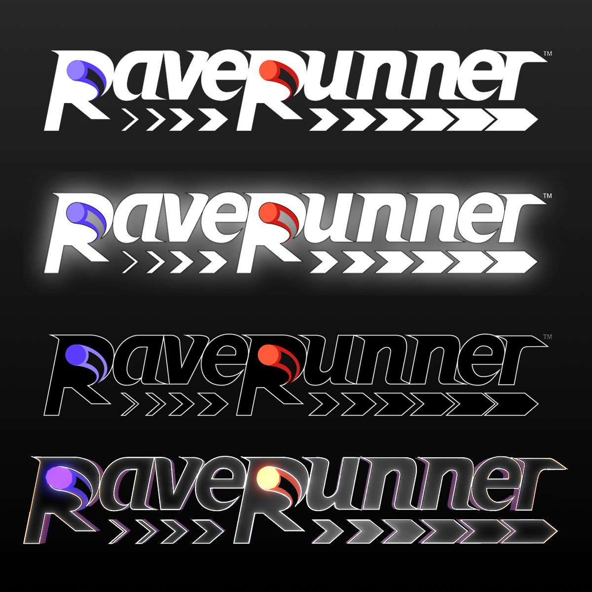 Logo design evolution and iterations showing flat and three-dimensional options for various uses