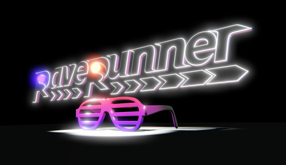 Intro VR Scene design using RaveRunner 3D logo and glasses, modeled in Blender, placed and lit in Unity