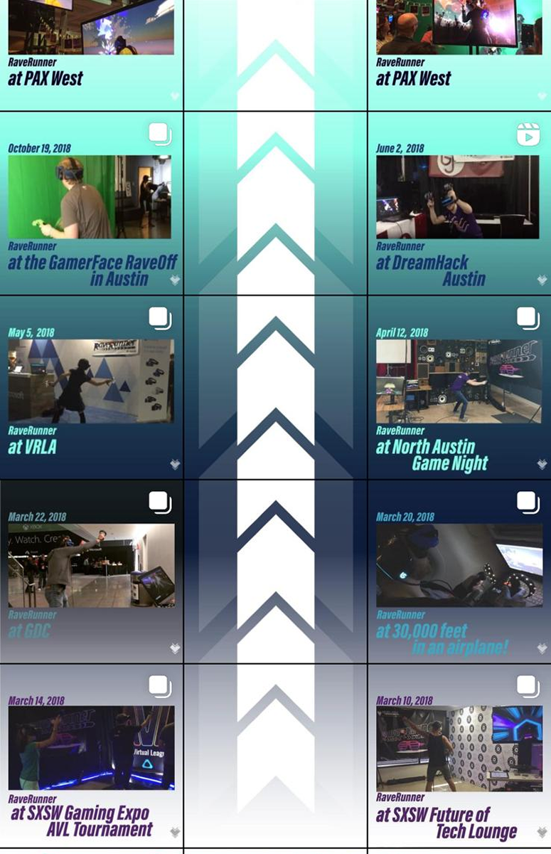 RaveRunner Instagram seamless profile design showing the iconic chevron track from the game and the evolution of showcases during game development