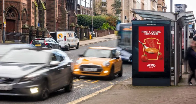 Heinz soup advertisement on a bus shelter advertisement