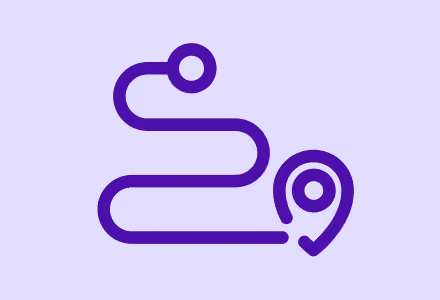 Pictogram van een paars pad met beginpunt en een locatiepin aan het einde op een lichtpaarse achtergrond.