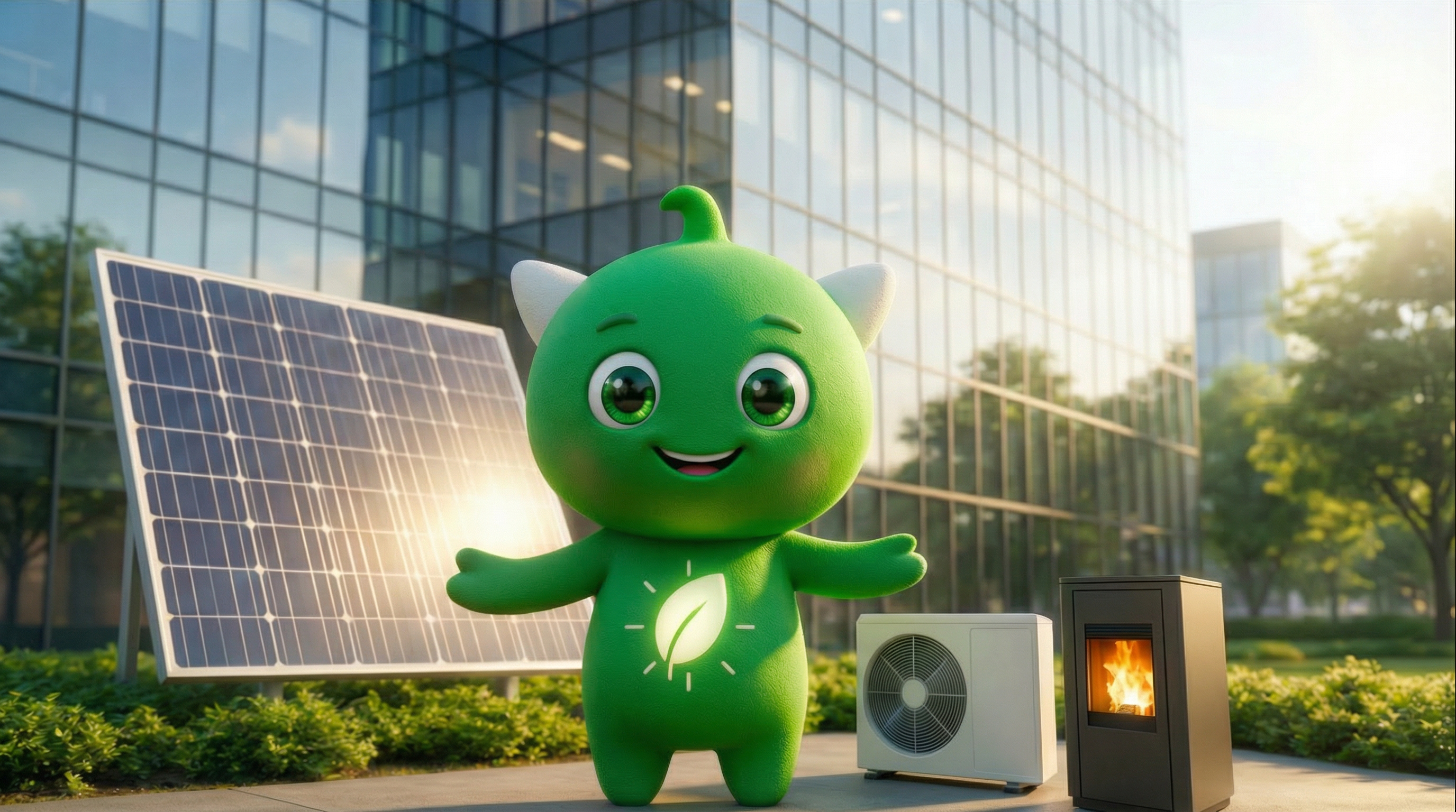 Mascotte LiliEnergie debout devant des panneaux solaires, une pompe à chaleur et un poêle à granulés.