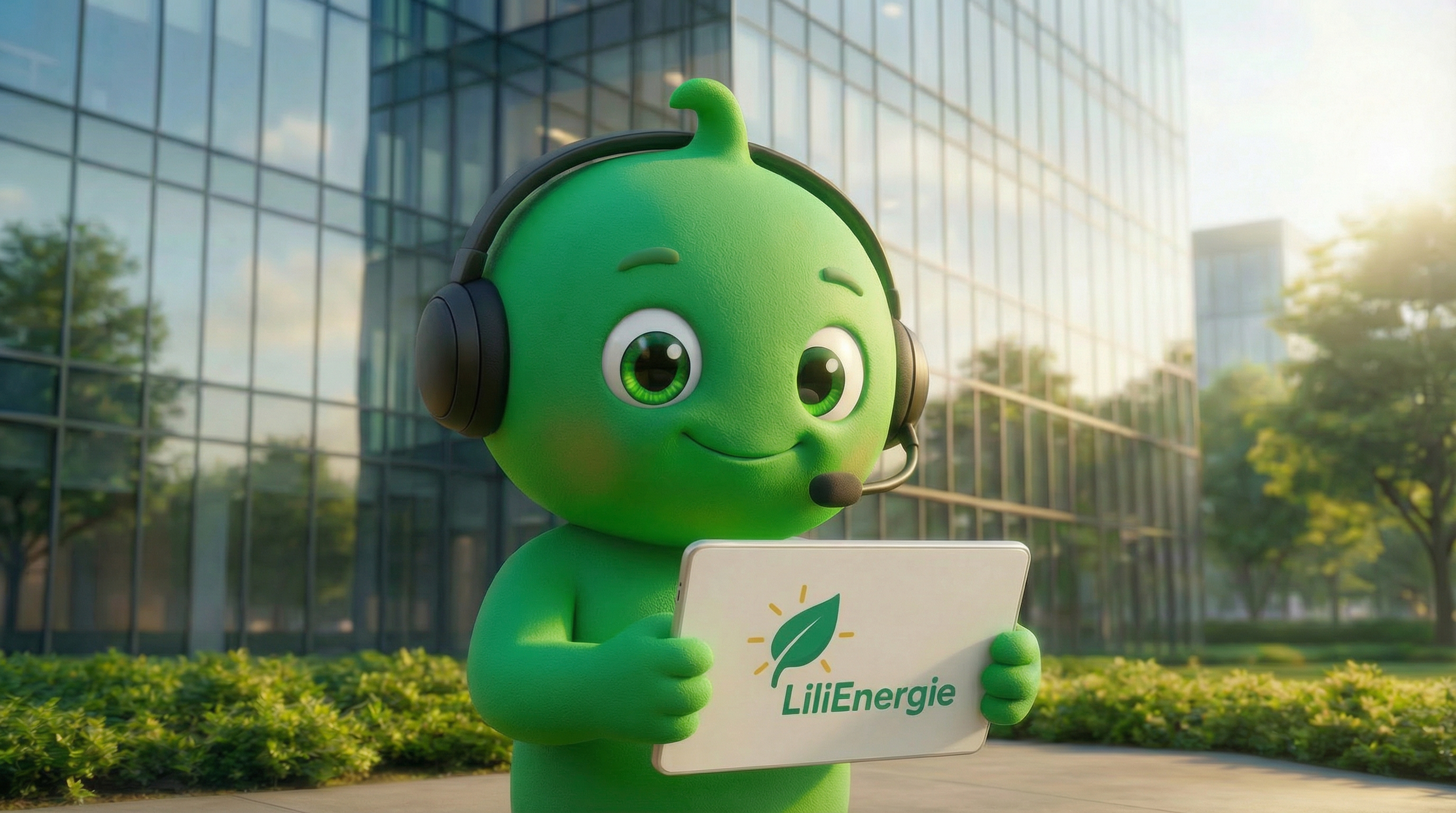 Mascotte LiliEnergie avec un casque téléphonique tenant une tablette avec le logo LiliEnergie.