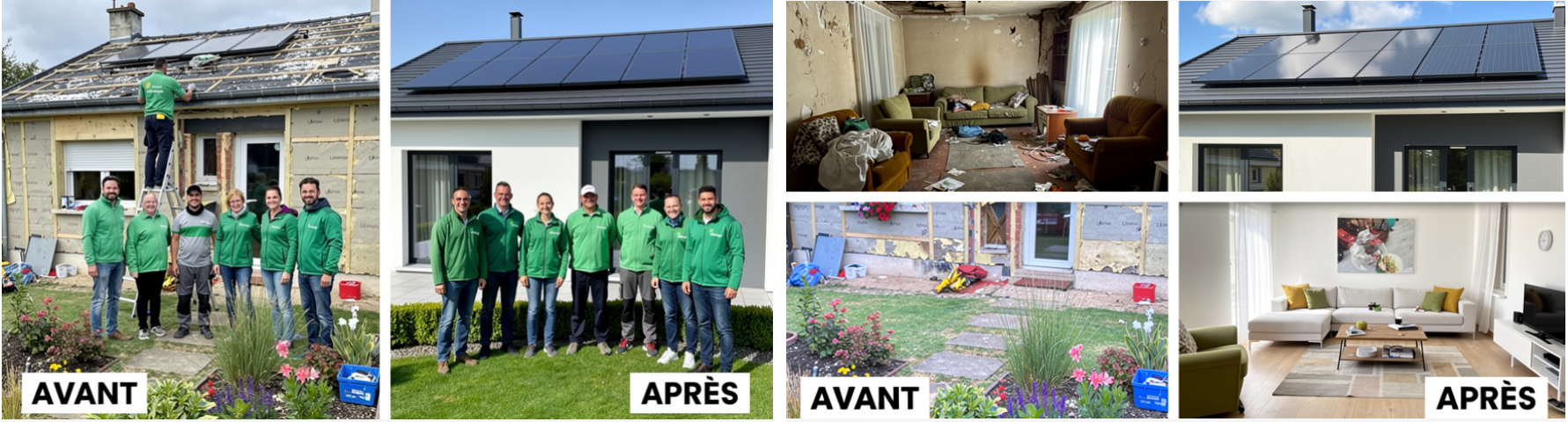 Photo avant-apres realiste d’une maison classique renovee avec un couple d’environ 35 ans et l’equipe LiliEnergie posant devant la renovation, installation de 4 panneaux solaires, 1 climatiseur reversible, et 1 poele a granules, ambiance naturelle.