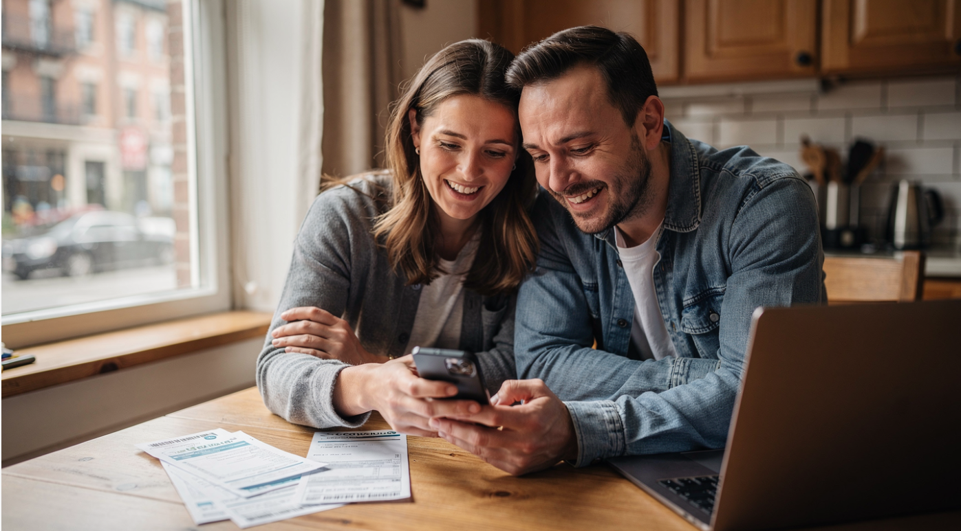Couple assis à une table en bois, consultant un devis et souriant en regardant un smartphone, avec un ordinateur portable à proximité, près d’une fenêtre donnant sur la ville
