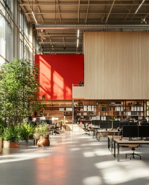 A modern, open-concept workspace filled with natural light and greenery, reflecting the clean and organized design of Nimbus Library.