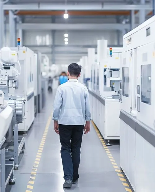 A high-tech manufacturing facility with a person walking through, representing the precision and reliability of Nimbus Library.