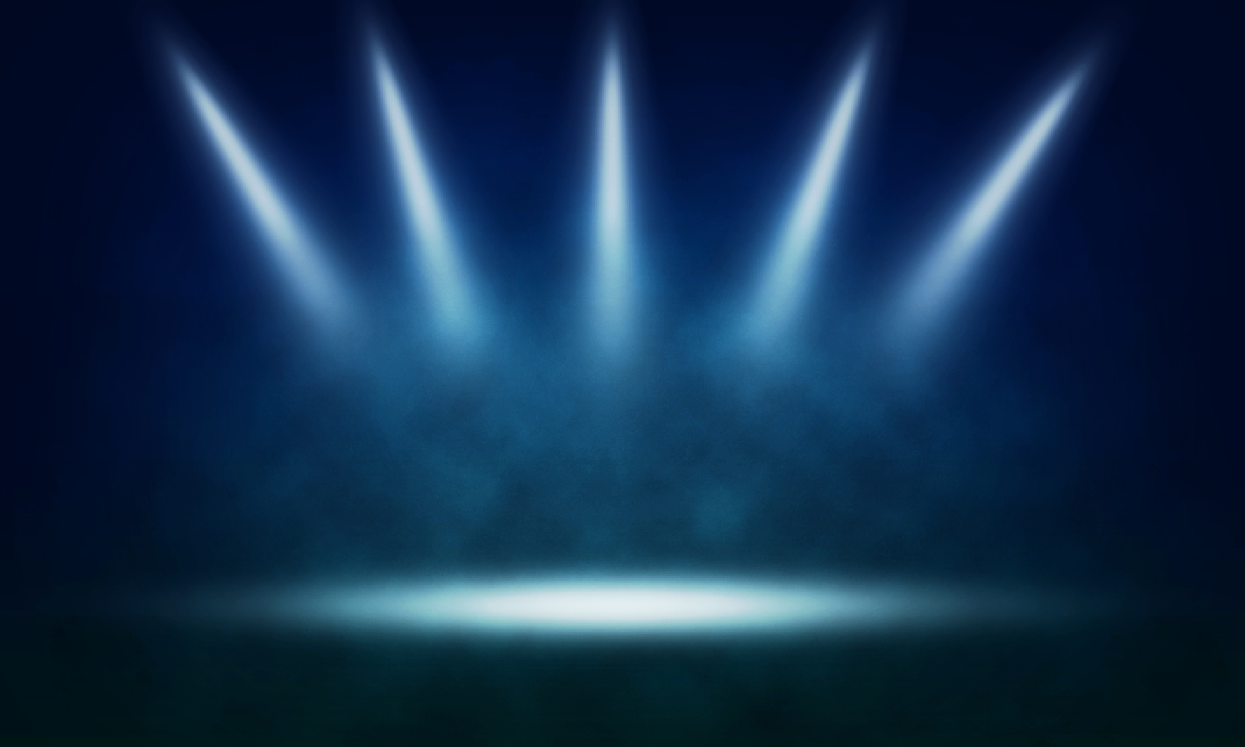 Spotlights converging on an empty stage set for a product reveal