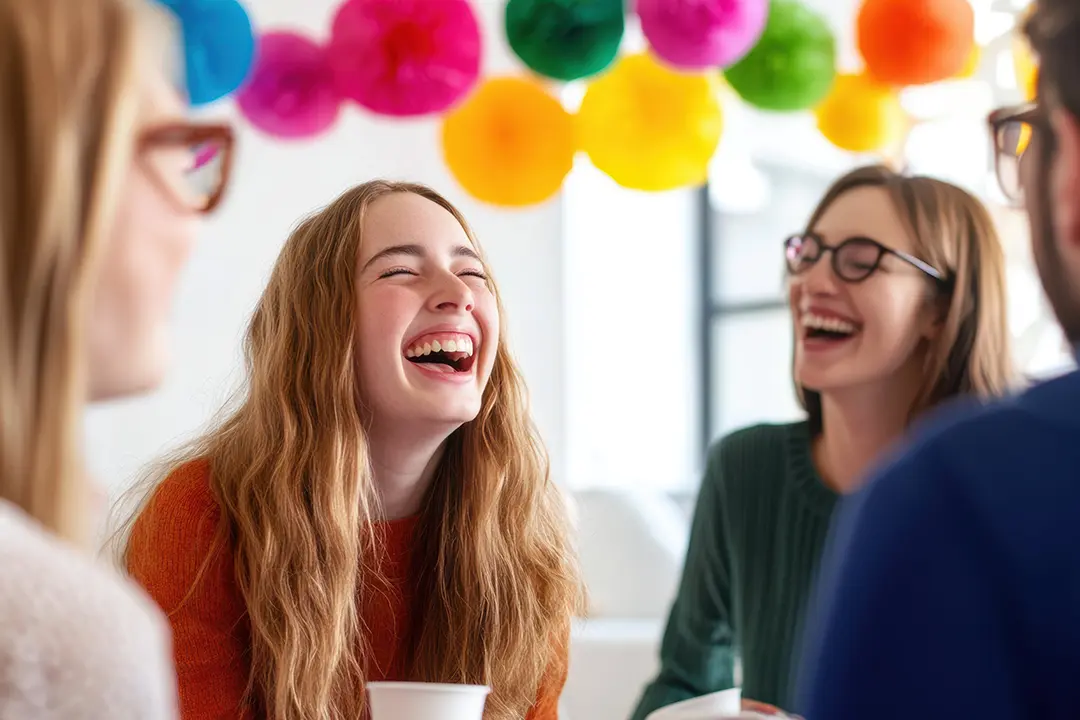 Residents enjoying a community event, laughing together under colorful decorations at The Gallery Apartments.