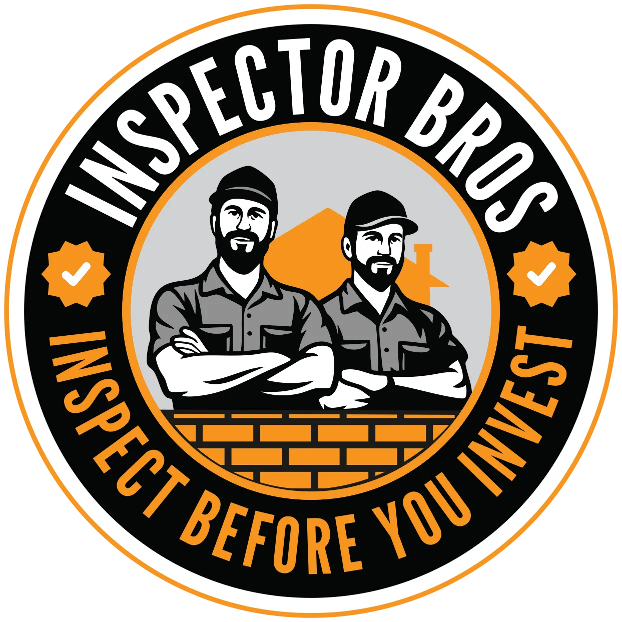 Logo with two bearded men in work shirts and caps standing with arms crossed behind a brick wall, text 'Inspector Bros' above and 'Inspect Before You Invest' below in a circular design.