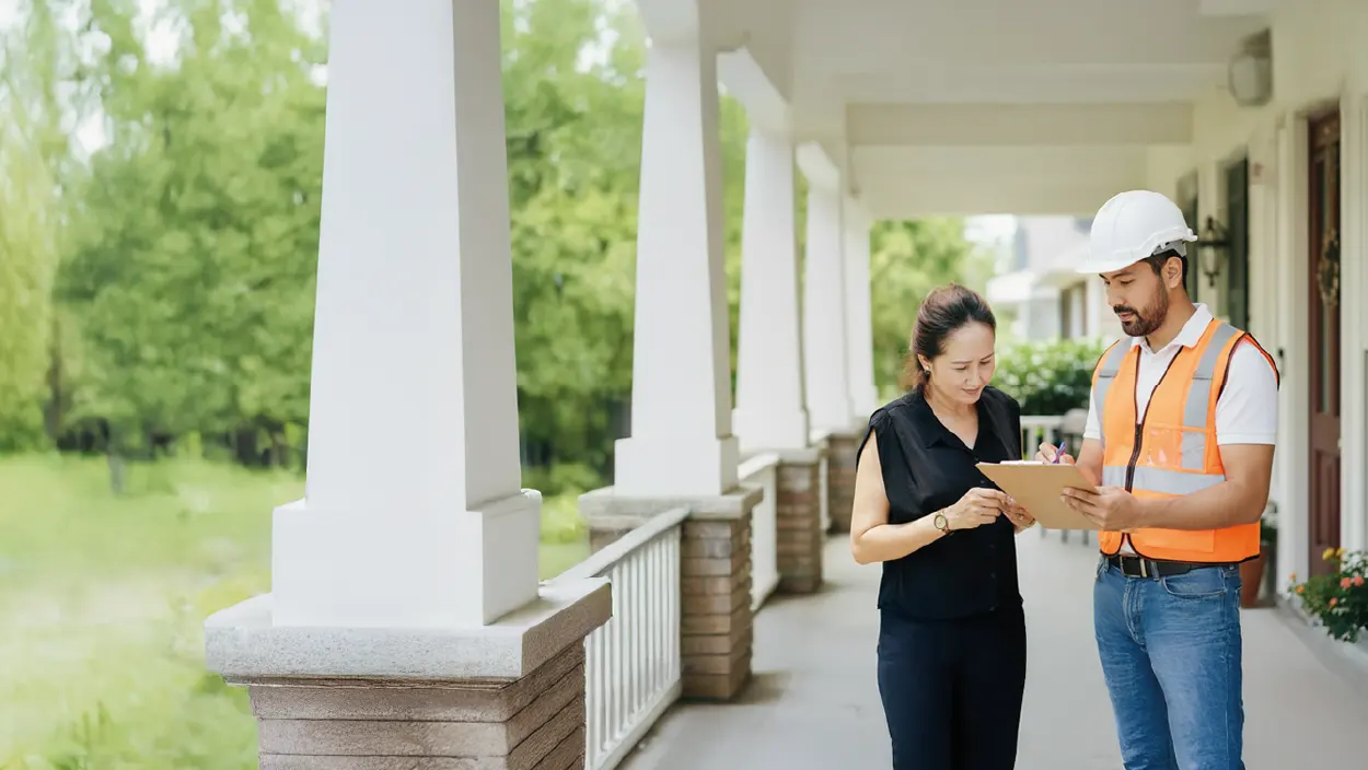 Construction worker in hard hat and orange safety vest discussing a clipboard with a woman on a porch.