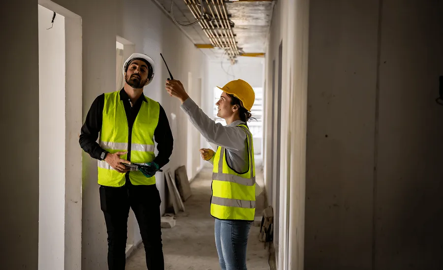 Two construction workers in safety vests and helmets inspecting a building corridor, one pointing upwards with a tool.