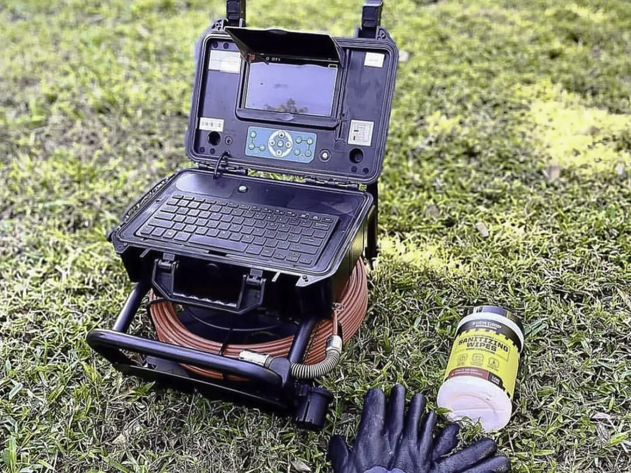Portable inspection device with keyboard and screen, red coiled cable, black gloves, and a container of sanitizing wipes on grass.