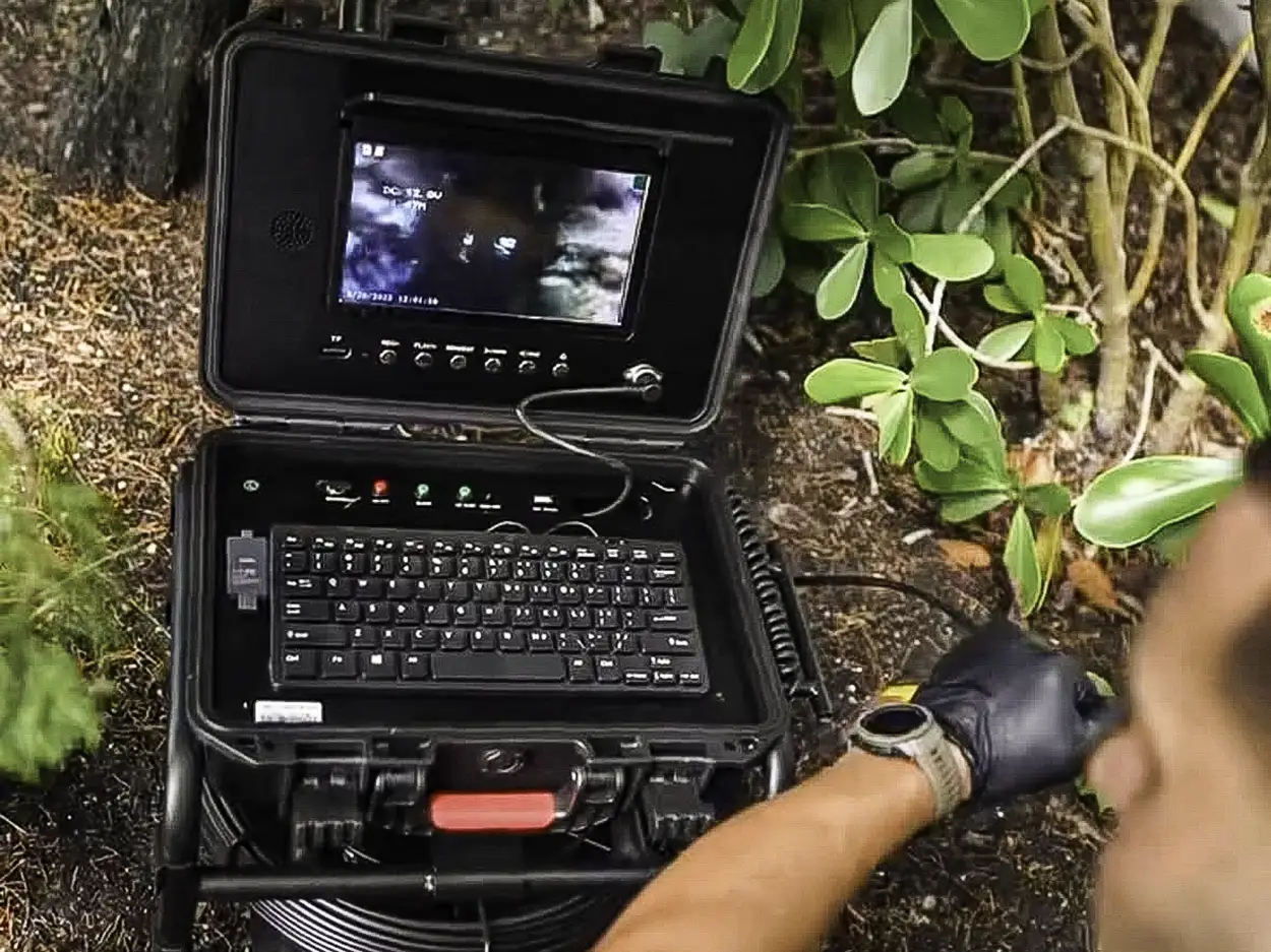 Person wearing black glove operates a portable inspection camera system showing underground footage on a screen.