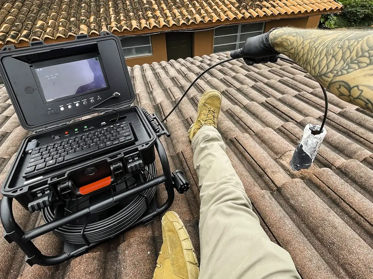 Person sitting on a tiled roof using an inspection camera with a monitor and cable spool.