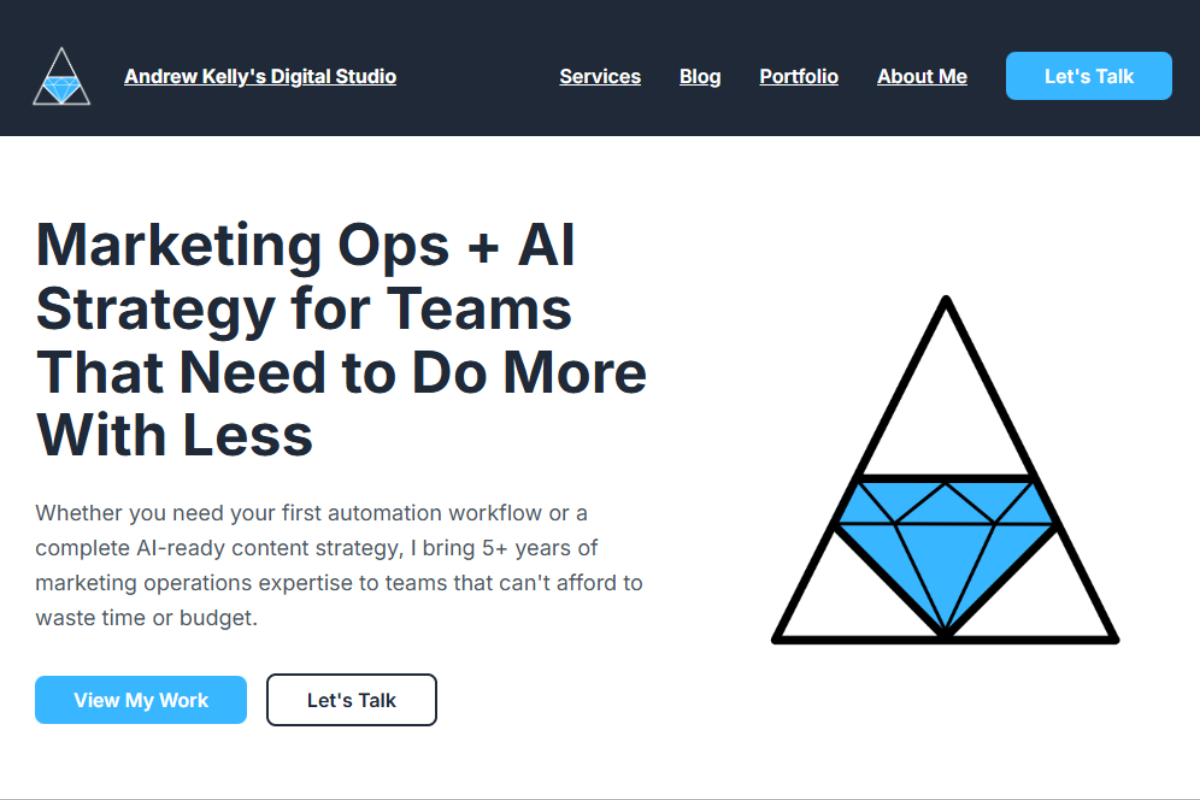 Screenshot of AndrewKelly.studio homepage featuring a logo with a diamond in a triangle