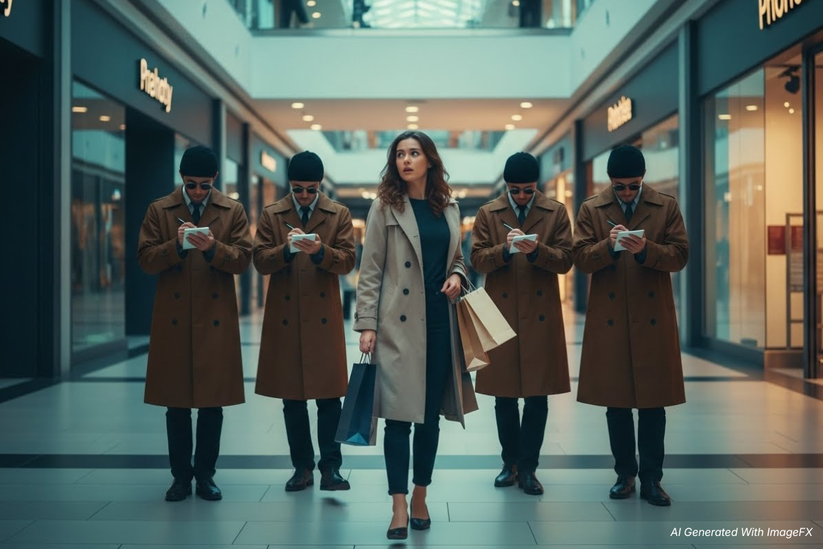 Women walking in the mall followed by mysterious figures in trench coats writing on a clipboard
