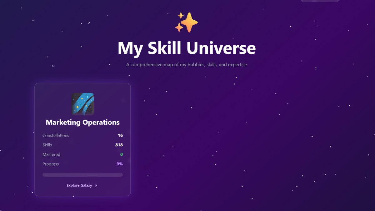 Skill Universe homepage showing the Marketing Operations galaxy card with progress tracking on a purple starfield background