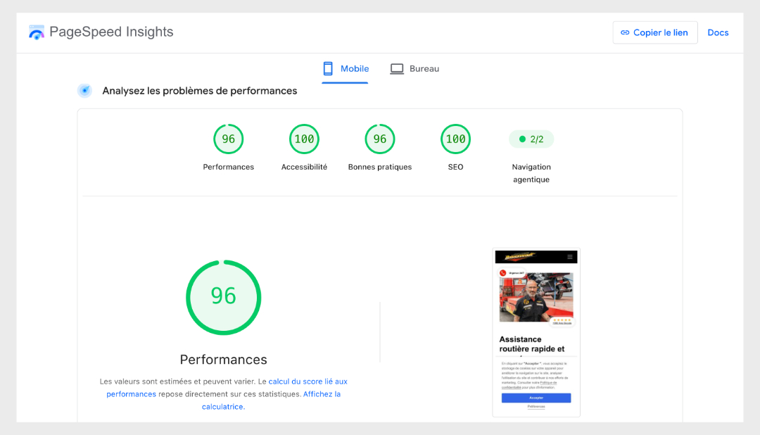 Résultats PageSpeed Insights du site de Remorquage Boissonneault sur mobile : 96 en performance, 100 en accessibilité, 96 en bonnes pratiques et 100 en SEO.