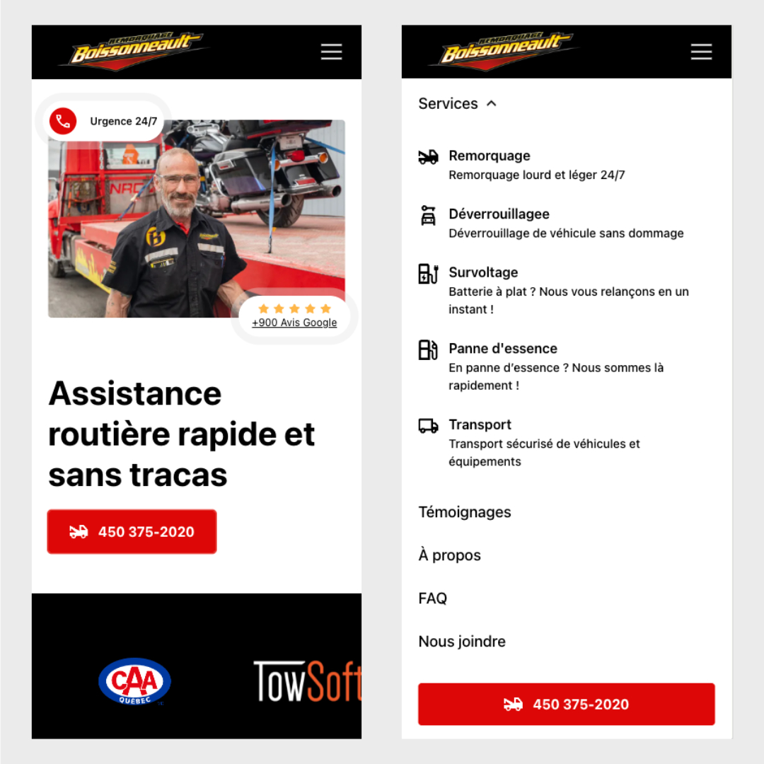 Arborescence du site mobile de Remorquage Boissonneault présentant les principaux services de remorquage et d’assistance routière.