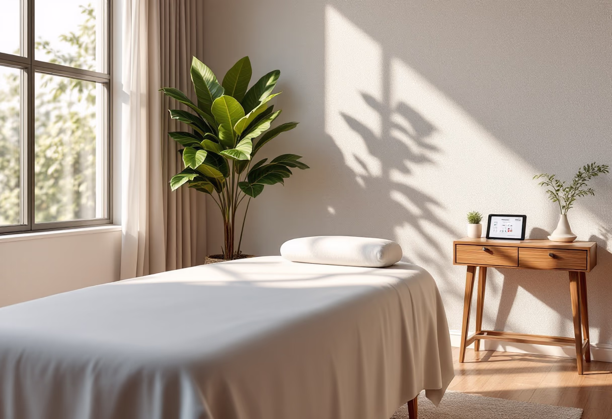 Sunlit massage table with a cylindrical pillow, next to a wooden side table holding plants and a tablet, with a large leafy indoor plant nearby.