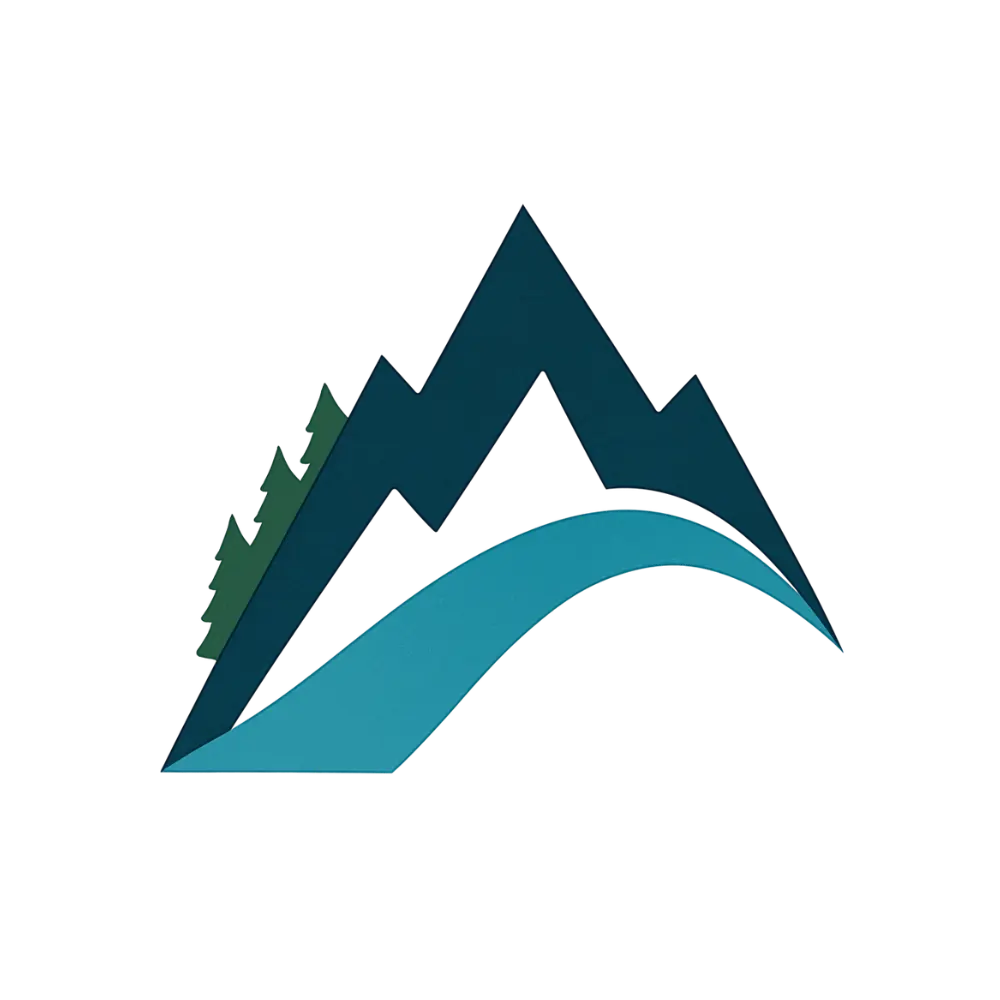 Stylized logo featuring blue mountain peaks, green pine trees, and a flowing blue river or road.