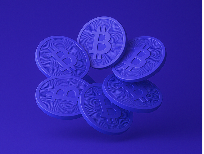 Six blue 3D Bitcoin symbols clustered together on a blue background.