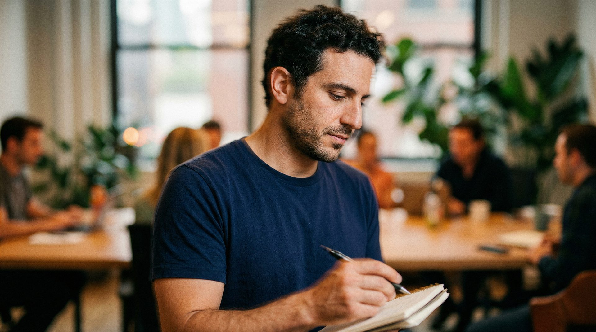 Person taking notes in a busy office