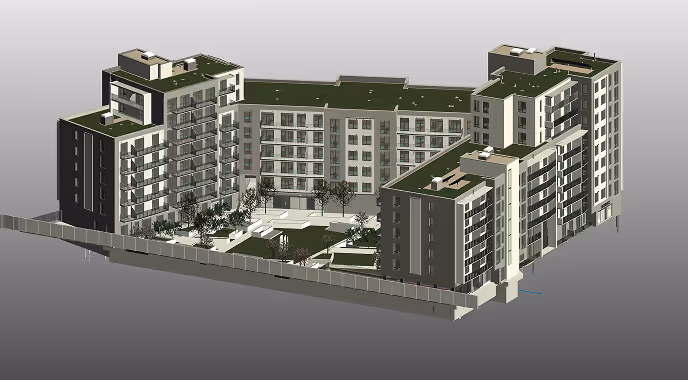 3D architectural model of a multi-story residential building complex with balconies and green rooftop sections surrounding a central courtyard with trees and pathways.