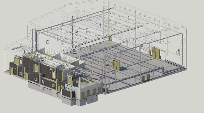 3D architectural model showing a building's structural framework and partial interior walls.