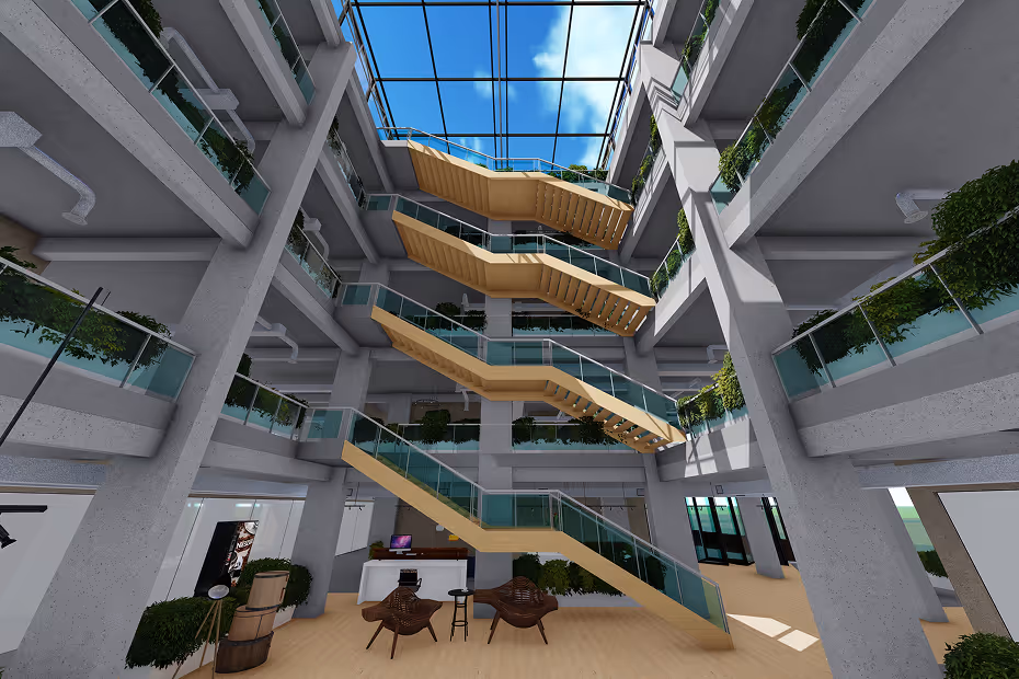 Modern open atrium with wooden floating staircases, glass railings, concrete beams, and abundant greenery under a glass ceiling.