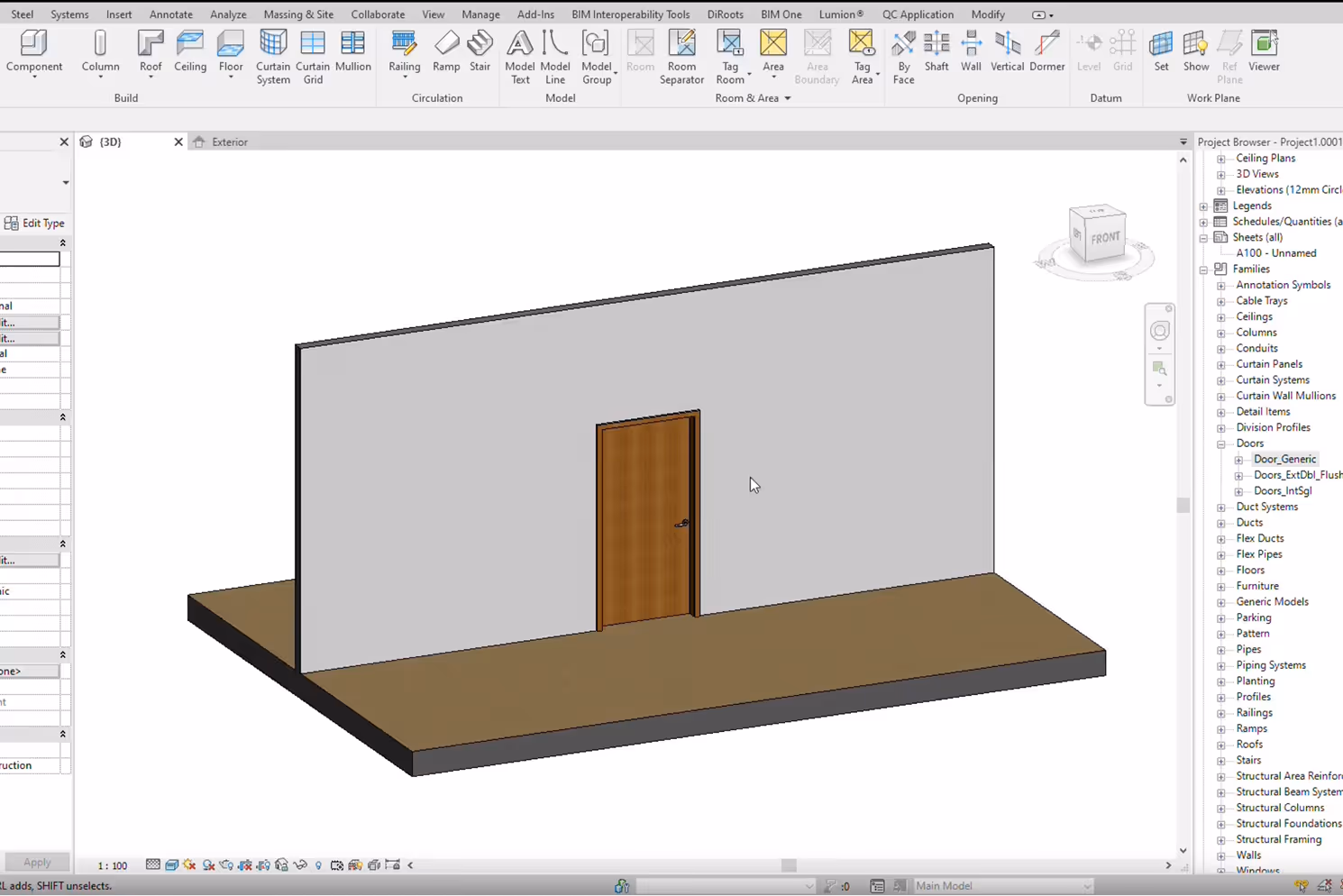 3D modeling software interface showing a simple model with a single gray wall and a wooden door centered on a brown floor platform.