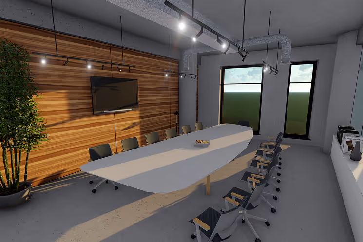 Modern conference room with a long white table surrounded by black office chairs, large windows, wooden accent wall with mounted TV, and ceiling spotlights.