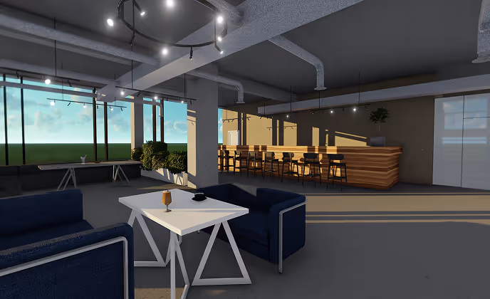 Modern office lounge area with blue armchairs, white tables, large windows, and a wooden bar counter with stools.