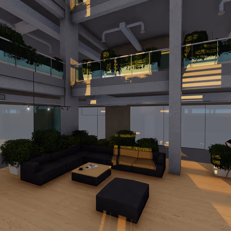 Modern indoor lounge area with black L-shaped sofa, ottoman, coffee table, and green plants under natural sunlight.