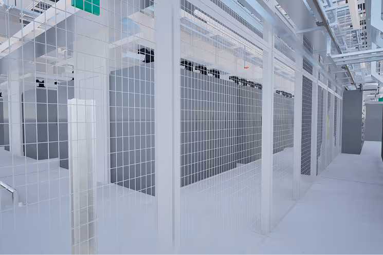 Interior of a modern data center with multiple server racks enclosed by white metal mesh cages.