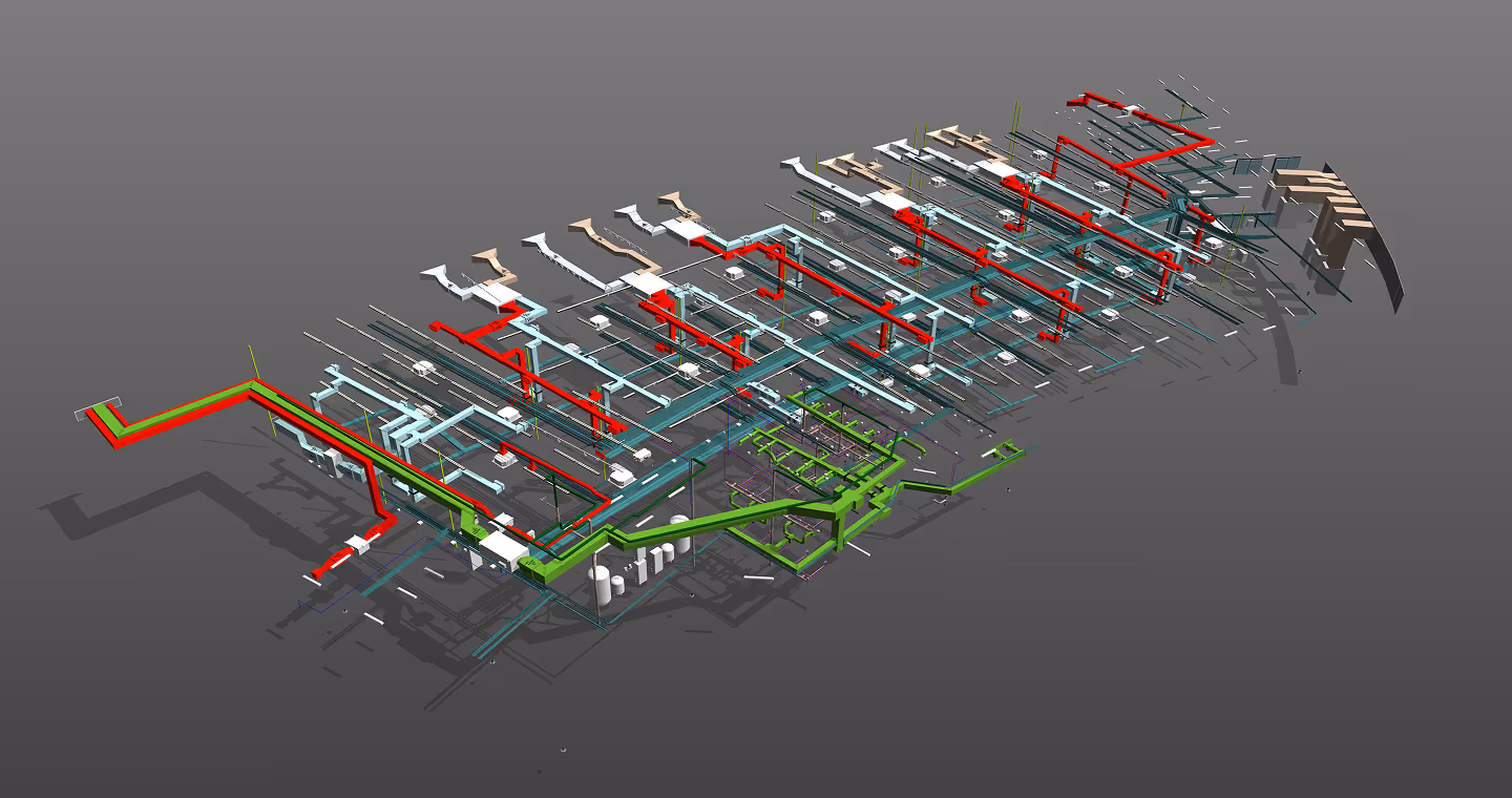 3D model of a building's mechanical, electrical, and plumbing (MEP) systems with colored pipes and ducts.
