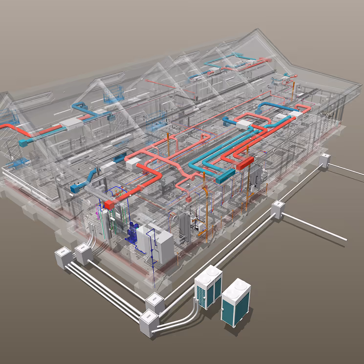 3D architectural model of a building's HVAC system showing red and blue ductwork and various mechanical components.