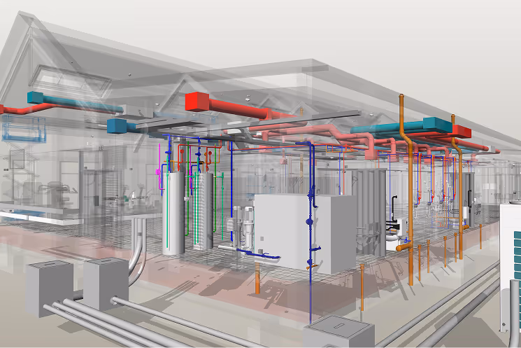3D transparent building model showing internal mechanical systems including color-coded pipes and tanks.
