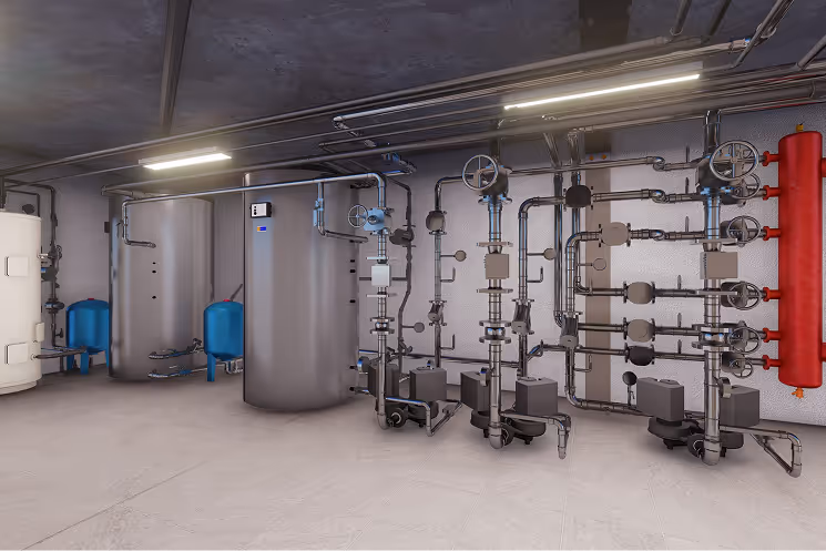 Industrial mechanical room with multiple metal tanks, blue pressure vessels, and an array of interconnected pipes and valves mounted on a gray wall.