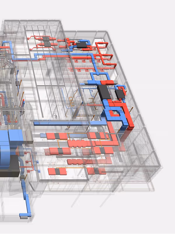 3D architectural model showing a transparent building structure with blue and red colored HVAC ductwork.
