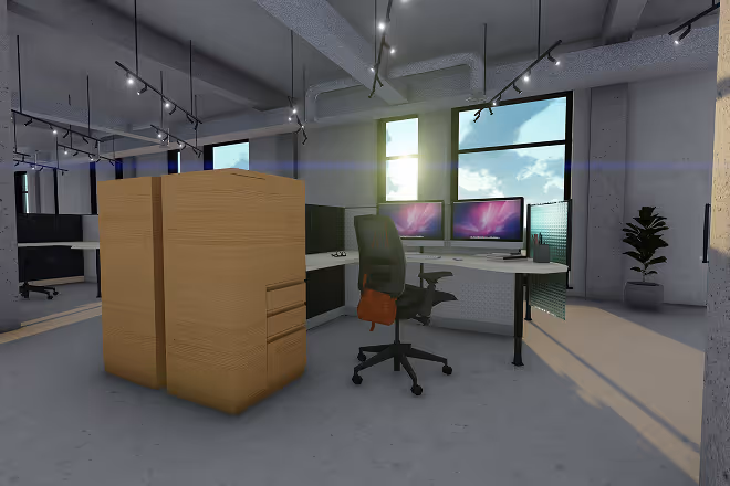 Modern office workspace with dual monitors, ergonomic chair, wooden storage cabinets, large windows, and overhead track lighting.