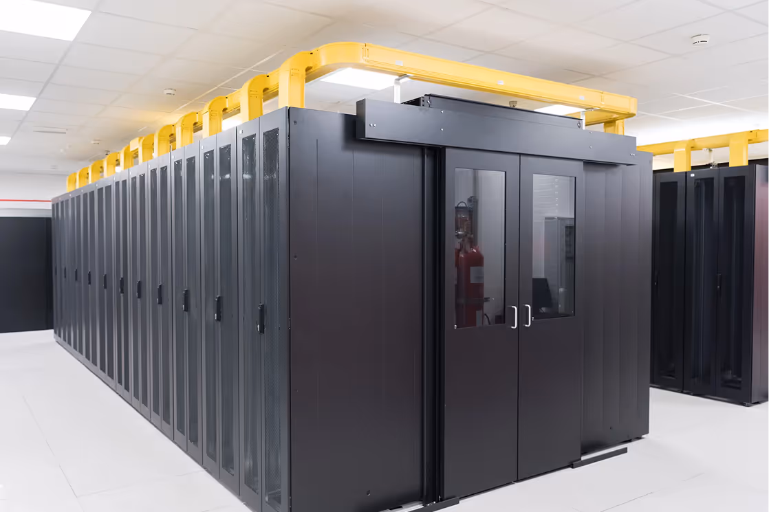 Rows of black server cabinets with yellow overhead cable trays in a clean data center room.