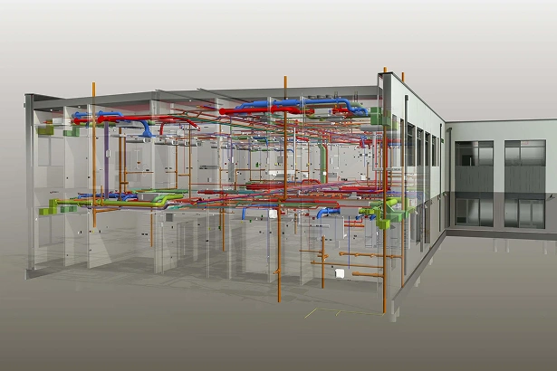 3D architectural model showing the plumbing and HVAC piping systems inside a partially transparent two-story building.