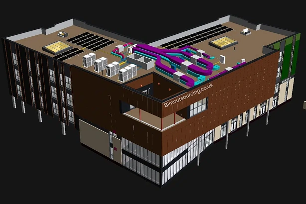 3D model of a multi-story building with visible rooftop HVAC ductwork and equipment.