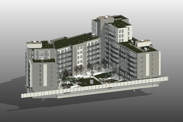 3D architectural model of a residential apartment complex with multiple floors, balconies, and a landscaped courtyard with trees.