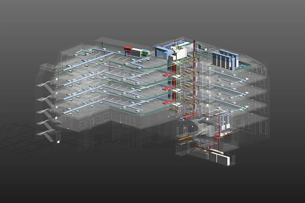 3D architectural model of a multi-story building showing detailed internal HVAC and piping systems with transparent exterior walls.