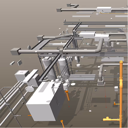 3D computer model of building mechanical and plumbing systems showing pipes, ducts, and equipment in a BIM layout.